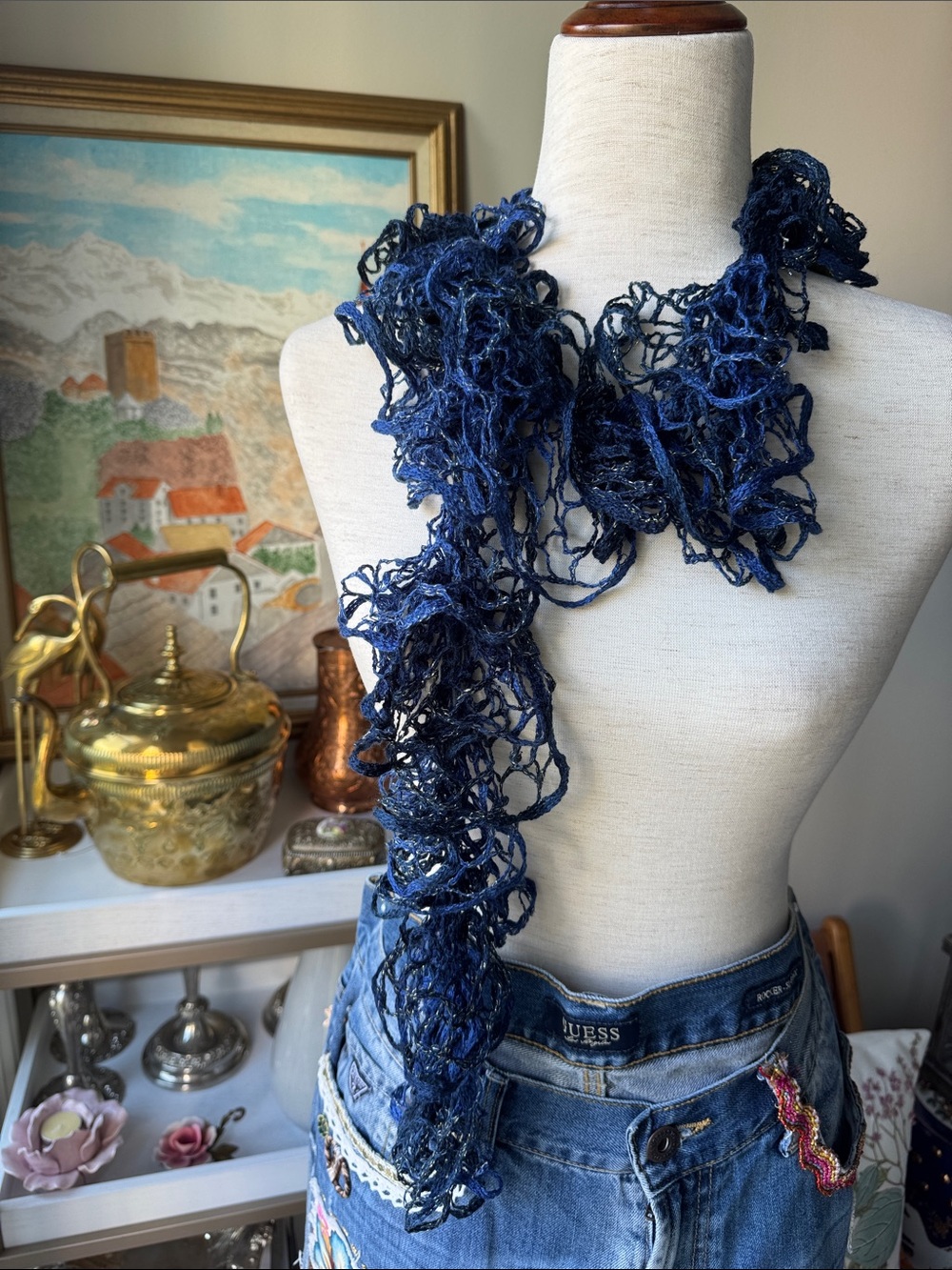 Hand-Knit chic soft Navy Ruffled Crochet Scarf
